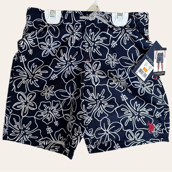 New US Polo Assn Boys Tropical Hibiscus Swim Trunks Size Small (6/7) Navy White - Picture 2 of 11